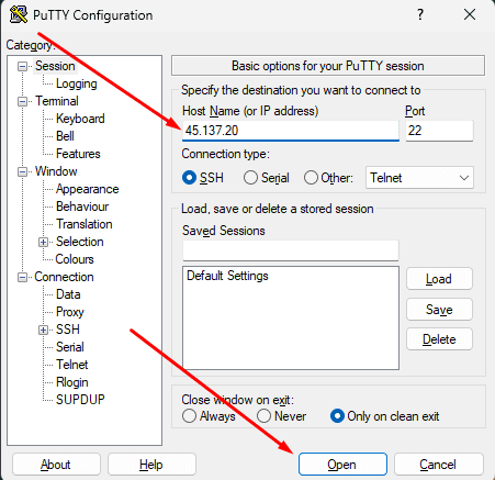 PuTTY main window